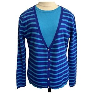 NWT L Twin Sweater Set Pure Cashmere Aqua Blue Striped Gem Button Cardigan & Top